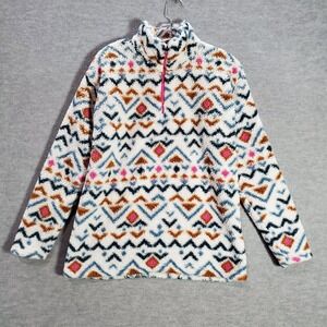 Eddie Bauer Women Sweater Medium White Geometric Fleece 1/4 Zip Pullover